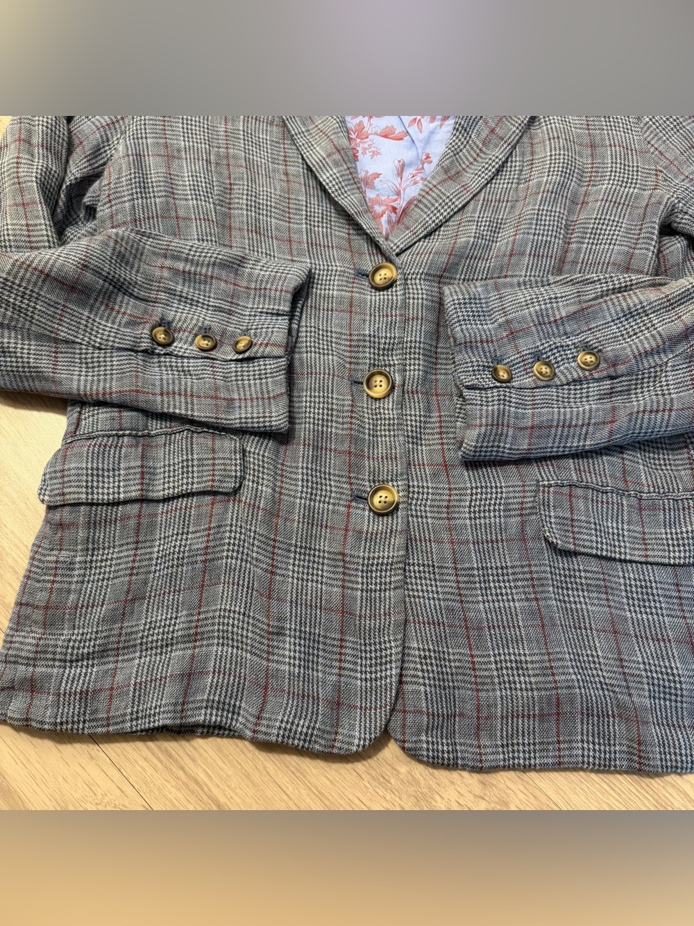 Sundance, 100% Linen Blazer Jacket Plaid Blue Bird Floral Lining | Women Size M - Picture 3 of 9